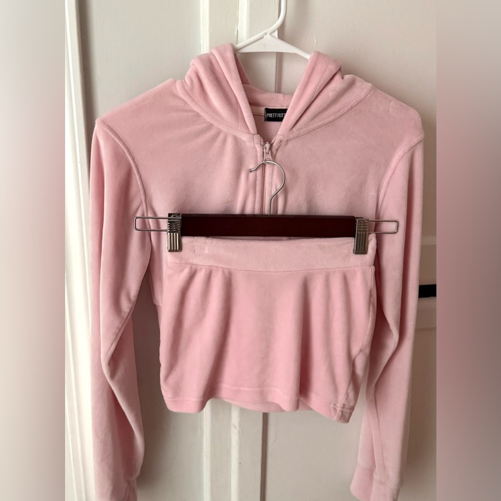 Velour Light Pink Cropped Hoodie Skirt Set
